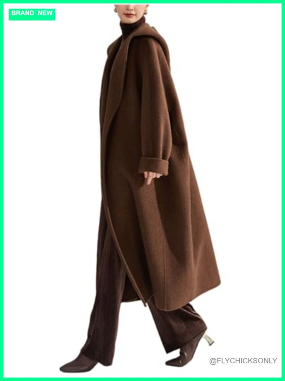 Women's Belted Wool Blend Hooded Trench Pea Coat Winter Warm